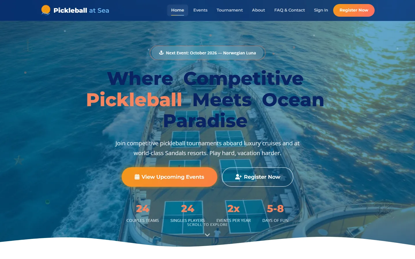 Pickleball at Sea tournament management homepage