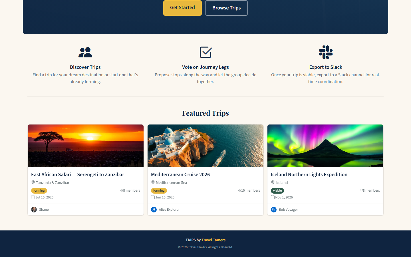 Groups app scrolled down showing Featured Trips section with safari cruise and northern lights cards