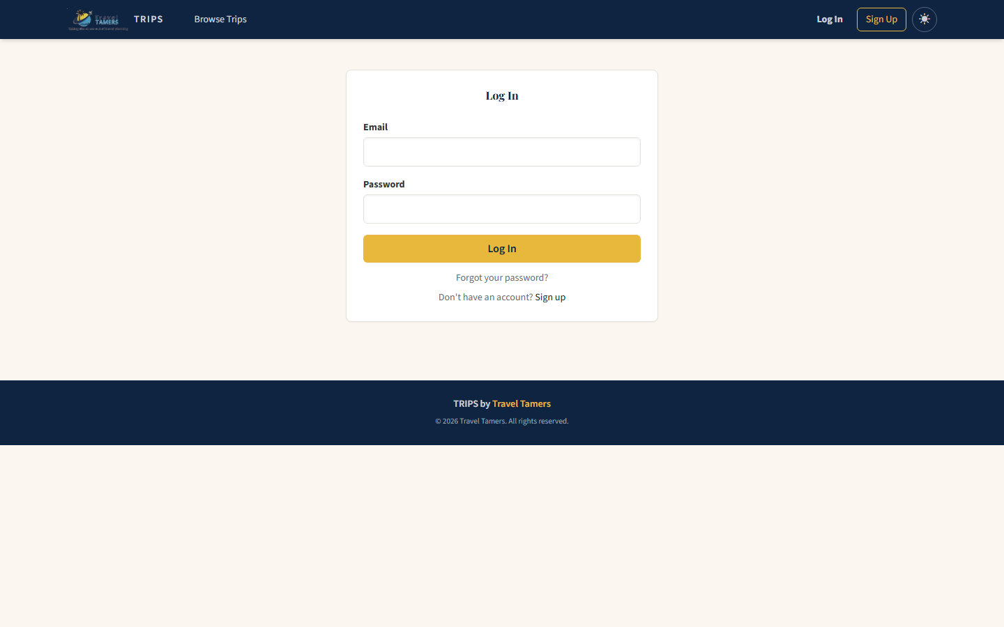 Groups app login form with email and password fields and gold Log In button