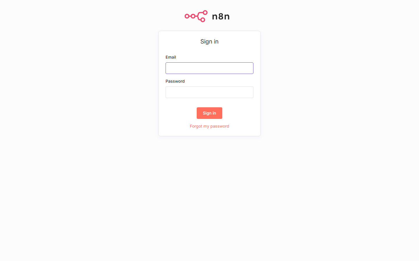 n8n sign in page with pink accent button and email password fields