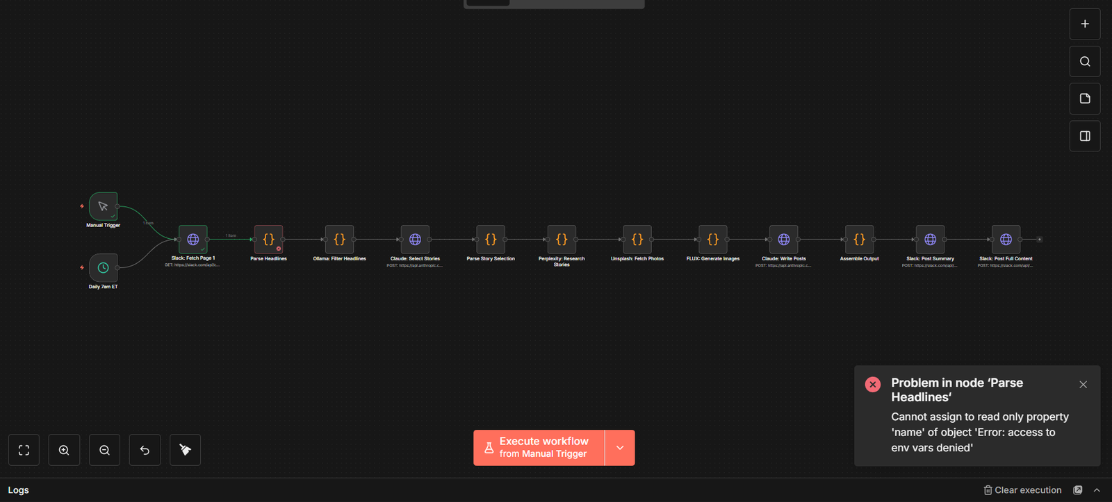 n8n execution showing Parse Headlines node error with Cannot assign to read only property message