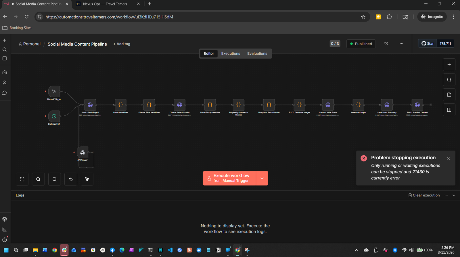 n8n workflow editor in dark mode showing connected automation nodes