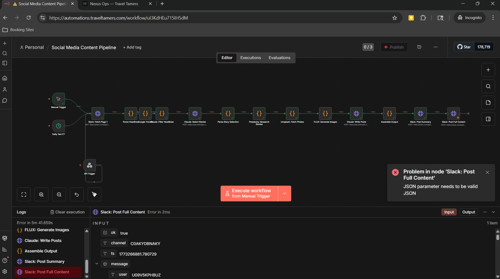 n8n pipeline showing Post Full Content node error with JSON parameter needs to be valid JSON