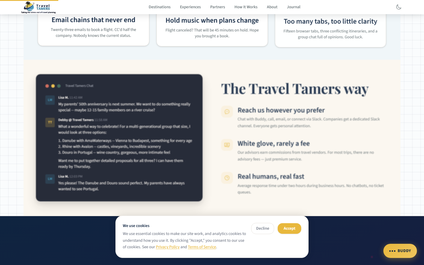 Homepage below-fold showing pain points cards and The Travel Tamers way section