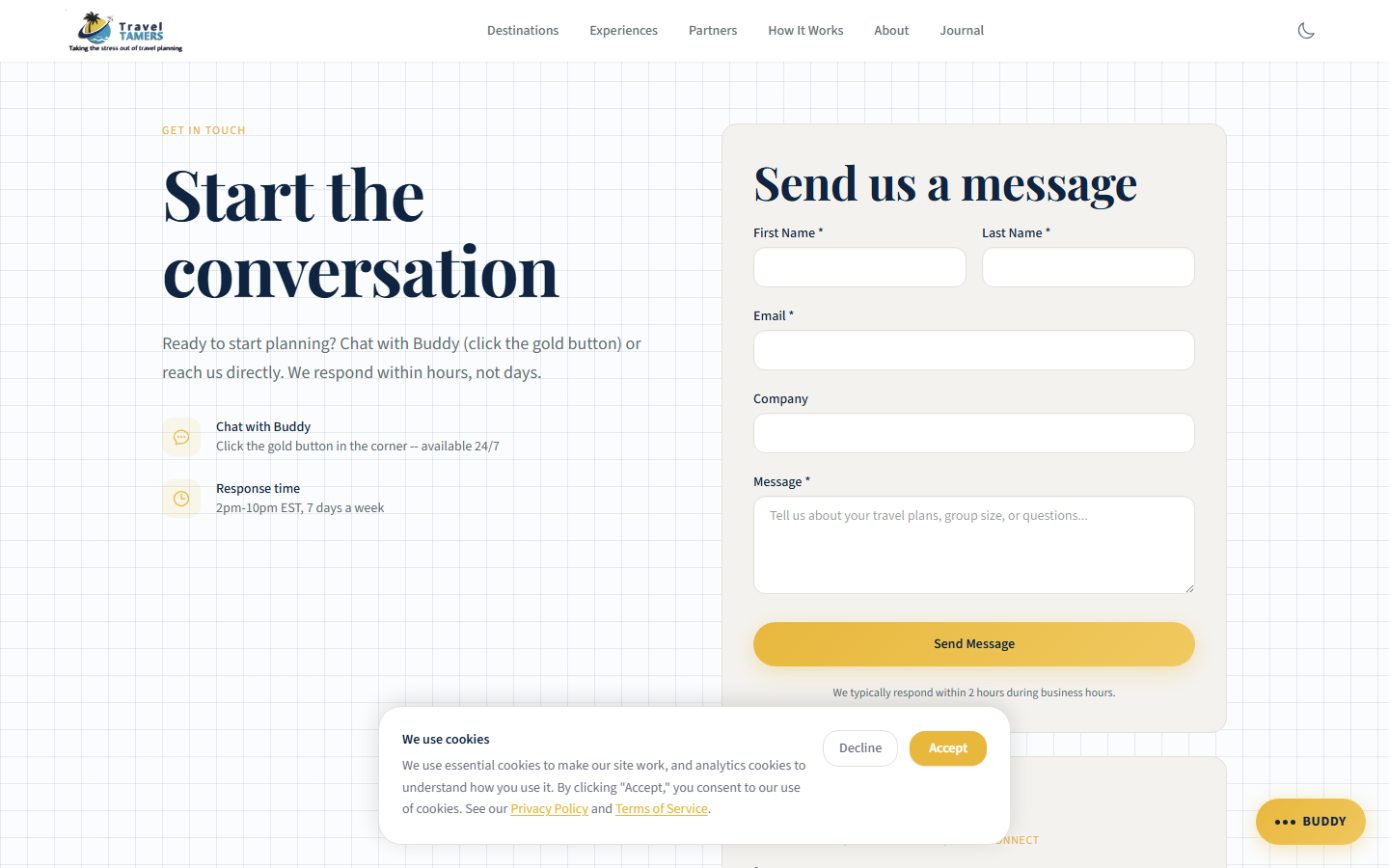 Contact page with Start the conversation headline and message form