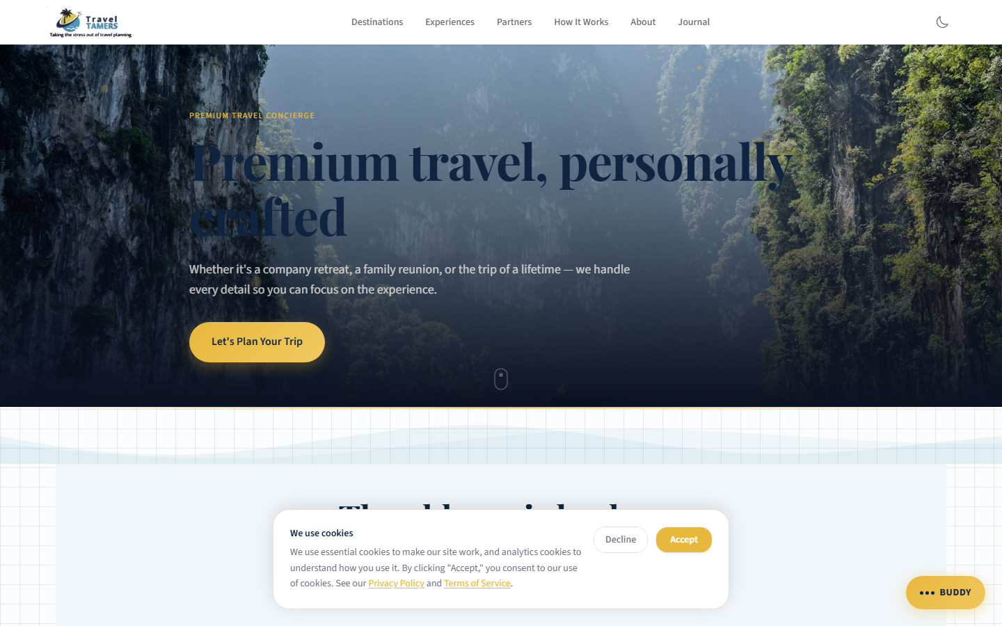 Homepage hero section with Premium travel personally crafted headline over mountain landscape
