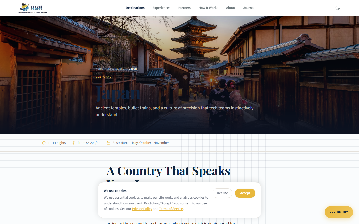 Japan destination page with temple district hero photo and metadata badges